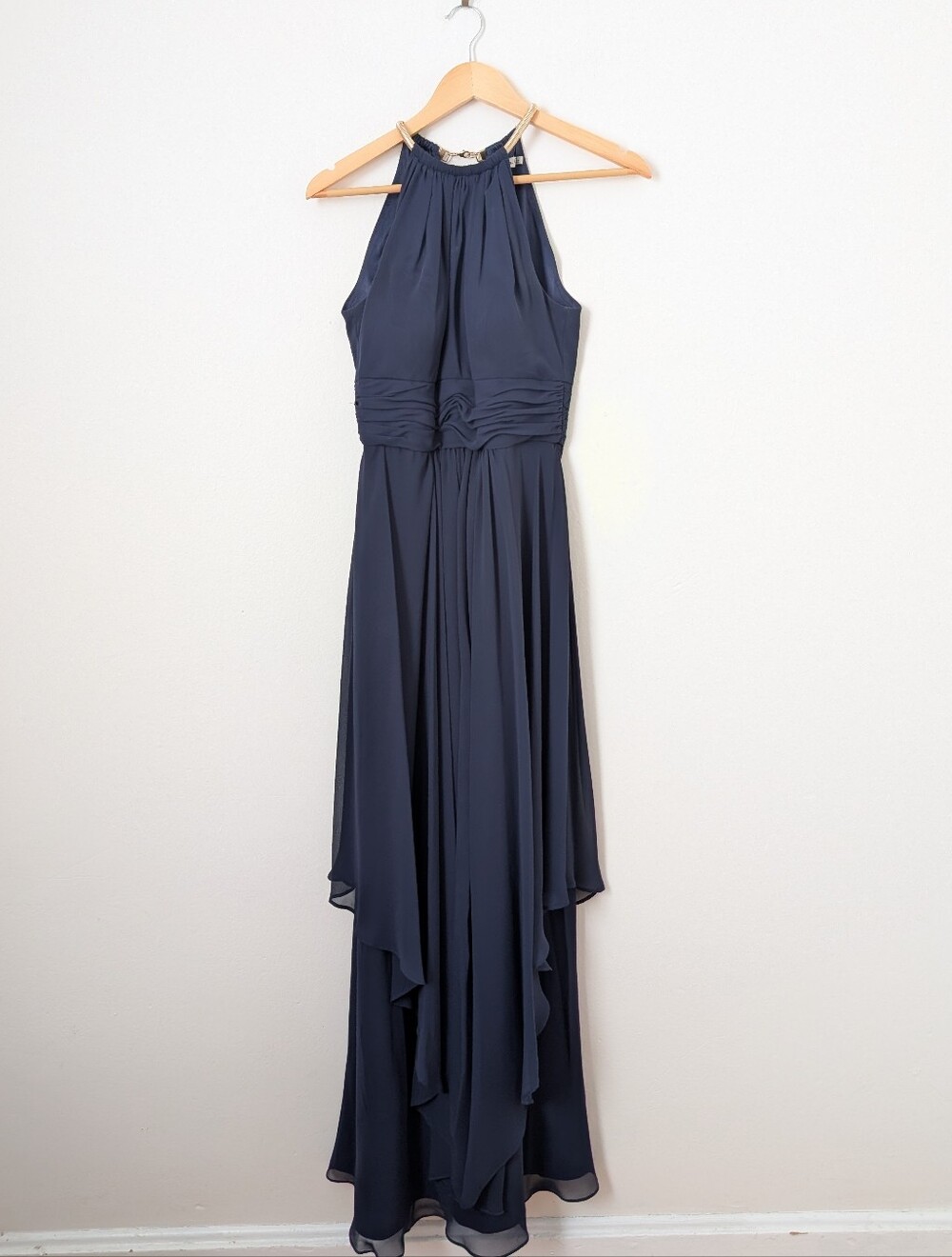 Eliza J Navy Blue Gold Grecian Halter Layered Sleeveless Maxi Dress Gown